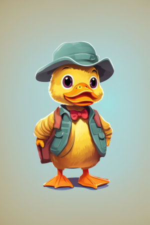 Cute cartoon duck in a hat and backpack. Vector illustration.の素材