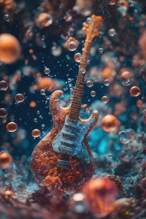 Guitar in water with bubbles. 3d illustration. Music conceptの素材