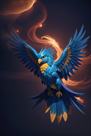 Blue parrot in the night sky. 3D illustration. Fantasy.の素材