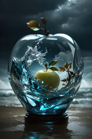 Image of apple in glass vase against stormy dark sky backgroundの素材