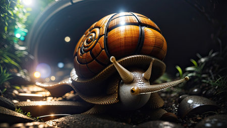 Snails crawling on the road at night. 3d illustration.の素材