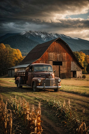 Abandoned truck in front of a barn in the mountains.の素材