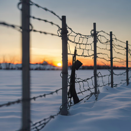Fence with barbed wire and an ax at sunset in winterの素材