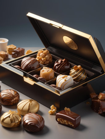Box of assorted chocolates on grey background, closeup viewの素材