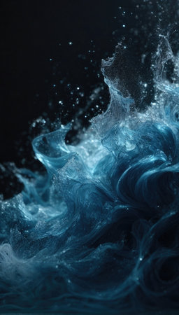 Abstract blue water splash on dark background. Fantasy fractal texture. Digital art. 3D rendering.の素材