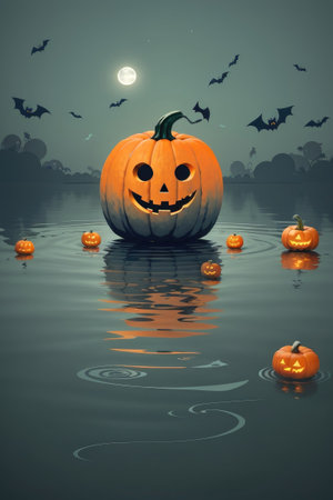 Halloween pumpkins in the water on a background of bats and moonの素材