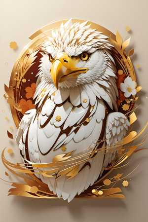 Eagle with gold floral ornament on a white background. 3D renderingの素材