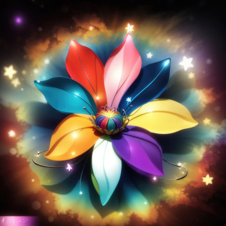 3d illustration of colorful flowers on a dark abstract background with starsの素材