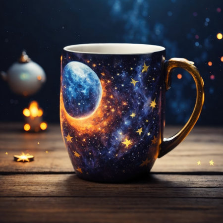 Mug of tea or coffee with the image of the moon and stars.の素材