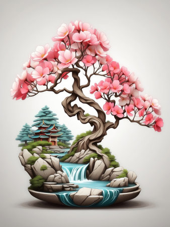 Japanese temple with cherry blossom tree and water stream, vector illustrationの素材