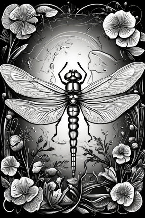 Dragonfly and flowers on a black background. Black and white illustration.の素材