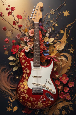 Red electric guitar on a dark background with flowers and leafs.の素材