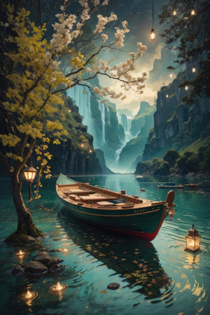 Fantasy landscape with beautiful waterfall, boat and lanterns. 3d renderingの素材
