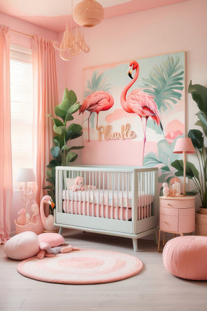Cute baby room interior with pink bed and pink flamingo.の素材
