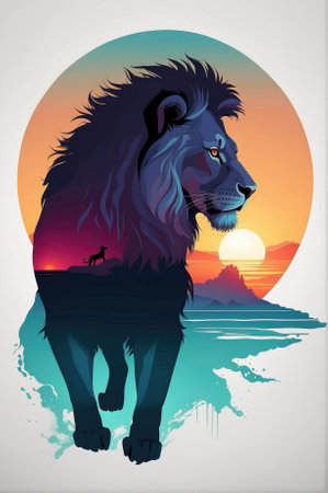 Lion on the background of the sea and sunset. Vector illustrationの素材