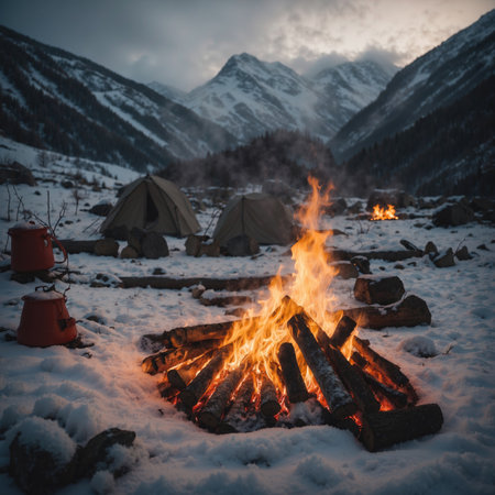 Camping in the mountains at sunset. Beautiful winter landscape with bonfire.の素材