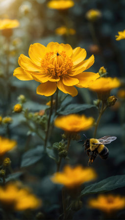 Bee on yellow flower in the garden, selective focus, vintage toneの素材