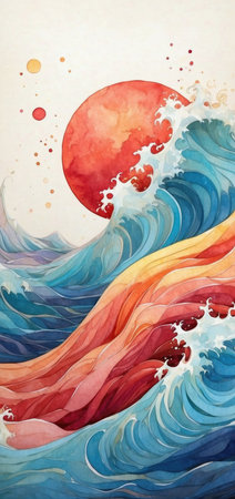 Abstract watercolor background with waves and sun. Hand-drawn illustration.の素材