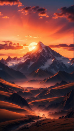 Sunset over the Himalayas. 3d rendering. Computer digital drawing.の素材