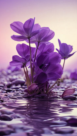 Purple crocus flowers in the water with reflection. Spring background.の素材
