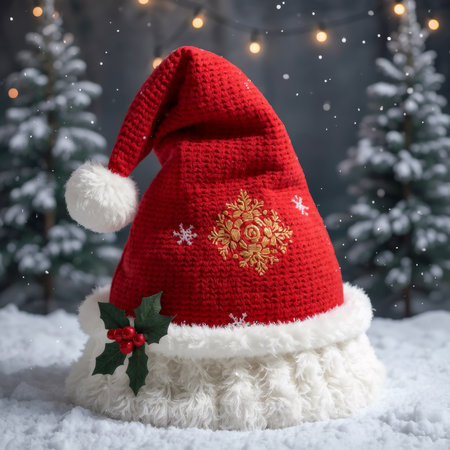 Cozy red knitted Santa hat with holly decoration on snow against a background of Christmas trees and fairy lights. Perfect for festive cards, ads, and holiday designs.の素材