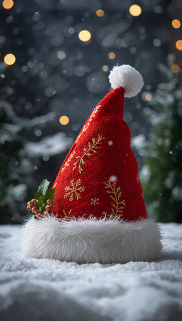Santa Claus red hat on snow and bokeh lights background.の素材