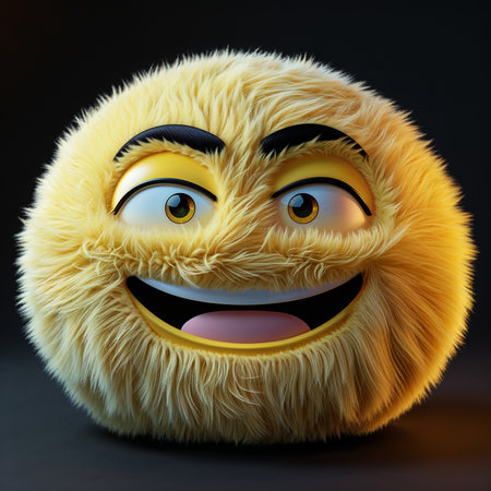 3d illustration of a yellow furry emoticon over dark background.の素材