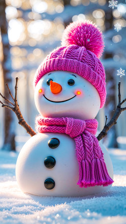 Snowman in pink hat and scarf on the background of winter forestの素材