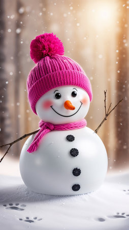 Snowman with pink hat and scarf on snowy background. Christmas concept.の素材