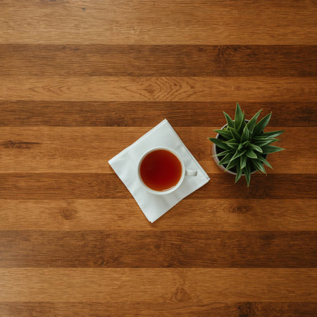 Cup of tea on a wooden table. Top view with copy spaceの素材