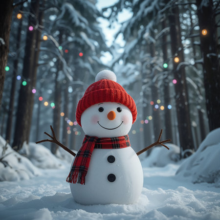 Snowman with red hat and scarf in snowy forest. Christmas background.の素材
