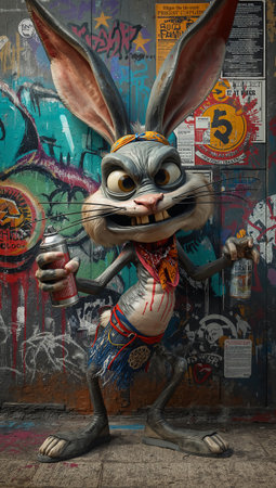 Funny snowman in red hat and scarf standing in winter forest.の素材