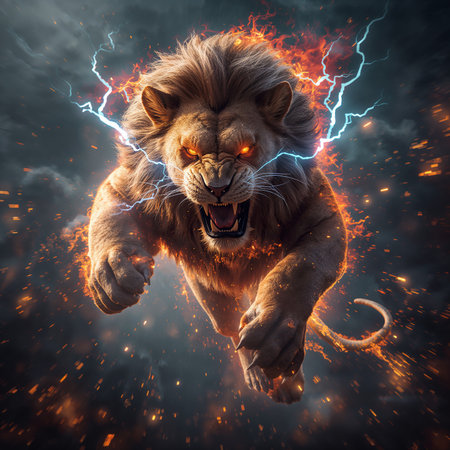 Lion with lightning around him. This is a 3d render illustrationの素材