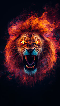 Angry lion in a red smoke on a black isolated background.の素材