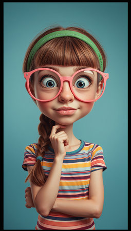 Portrait of a cute little girl in glasses and a striped T-shirt.の素材