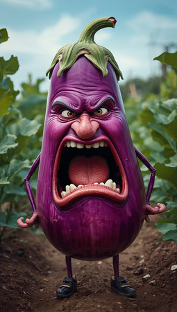 Funny purple eggplant with funny face in the vegetable garden.の素材