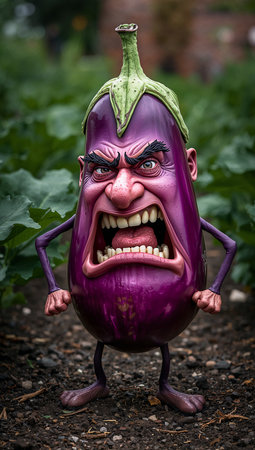 Funny and scary eggplant in the garden. Halloween concept.の素材