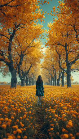 Young beautiful woman walking in a field of yellow flowers on a sunny autumn dayの素材