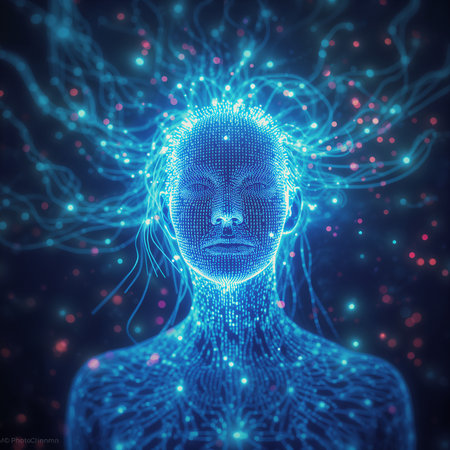 3d illustration of human head made of glowing particles. Artificial intelligence conceptの素材
