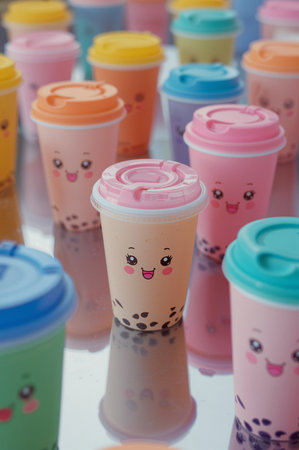 Coffee to go in plastic cups with cute faces and smileの素材