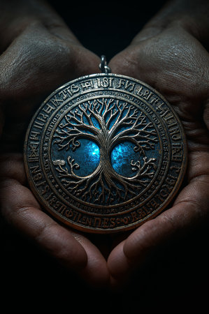 Hands holding a metal medallion with a tree in the middleの素材