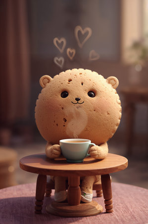 Cute teddy bear with cup of coffee on table in roomの素材