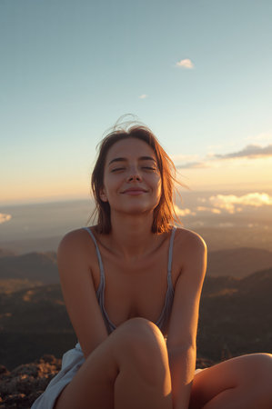 Portrait of a beautiful young woman sitting on the top of a mountain at sunsetの素材
