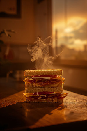 Sandwiches on a wooden table in the kitchen at sunset.の素材