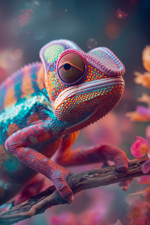 Colorful chameleon on a branch with flowers in the backgroundの素材