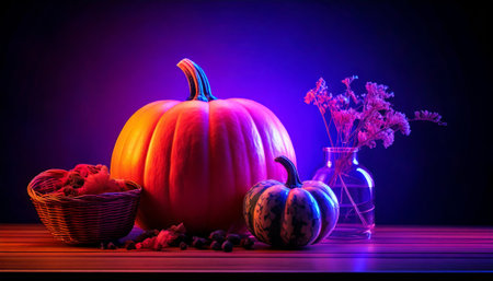 Autumn still life with pumpkins and autumn flowers. Halloween concept.の素材