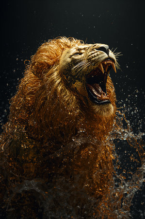 Lion in water with splashes on a black background. Studio shot.の素材