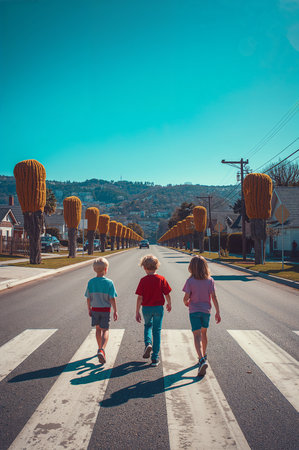 Two little children, boy and girl, cross the road on a sunny dayの素材