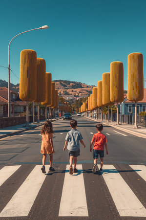 Children crossing the crosswalk in the city of Porto, Portugalの素材