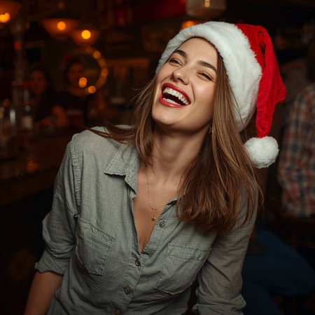 Beautiful young woman in santa hat having fun at bar.の素材